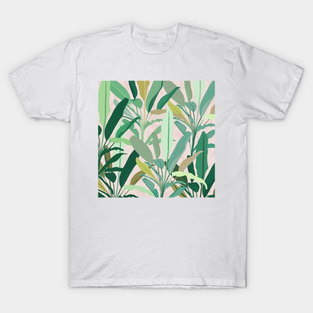 Tropical Green Banana Leaves Pink Pattern T-Shirt by NdesignTrend